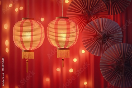Colorful lanterns and decorative fans displayed at a festive event celebratin...