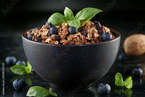 A bowl of chocolate granola topped with fresh blueberries and mint leaves on ...