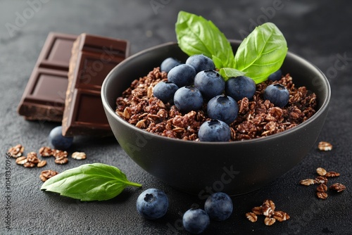 A bowl of chocolate granola topped with fresh blueberries and mint leaves on ...