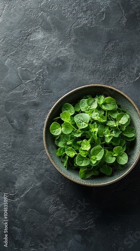 Fresh green leaves in a round clay pot on a textured dark surface