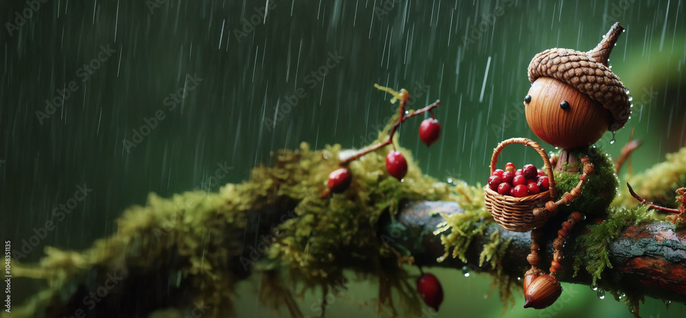 Wooden acorn figurine sitting on moss-covered branch holding a basket of berries in the rain. Nature-themed fantasy character concept. Design for poster, greeting card, invitation Wooden acorn figurine sitting on moss-covered branch holding a basket of berries in the rain. Nature-themed fantasy character concept. Design for poster, greeting card, invitation