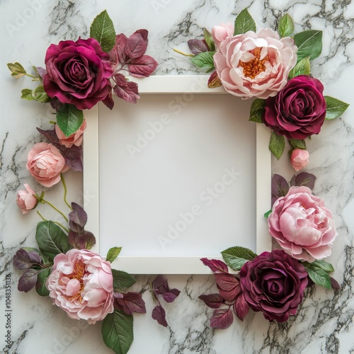Decorative floral arrangement surrounding a blank frame on a marble tabletop