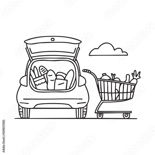 A shopping cart close to a car trunk filled with groceries