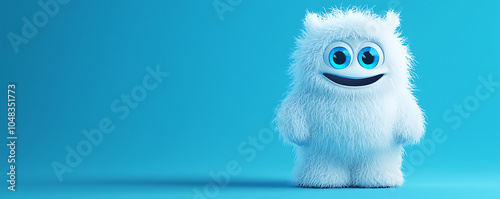 A playful and cute yeti character with fluffy white fur and big blue eyes, standing on a blue background. Its friendly smile and adorable appearance 