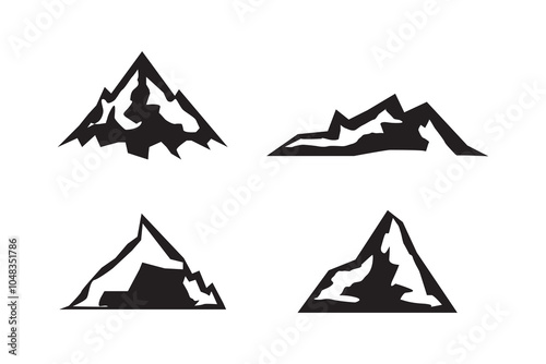 Set of vector mountain silhouette or vintage hill peak outline for forest logo or nature landscape design. Mountain silhouette pattern for hiking or camping business. Summer mountain travel line art.