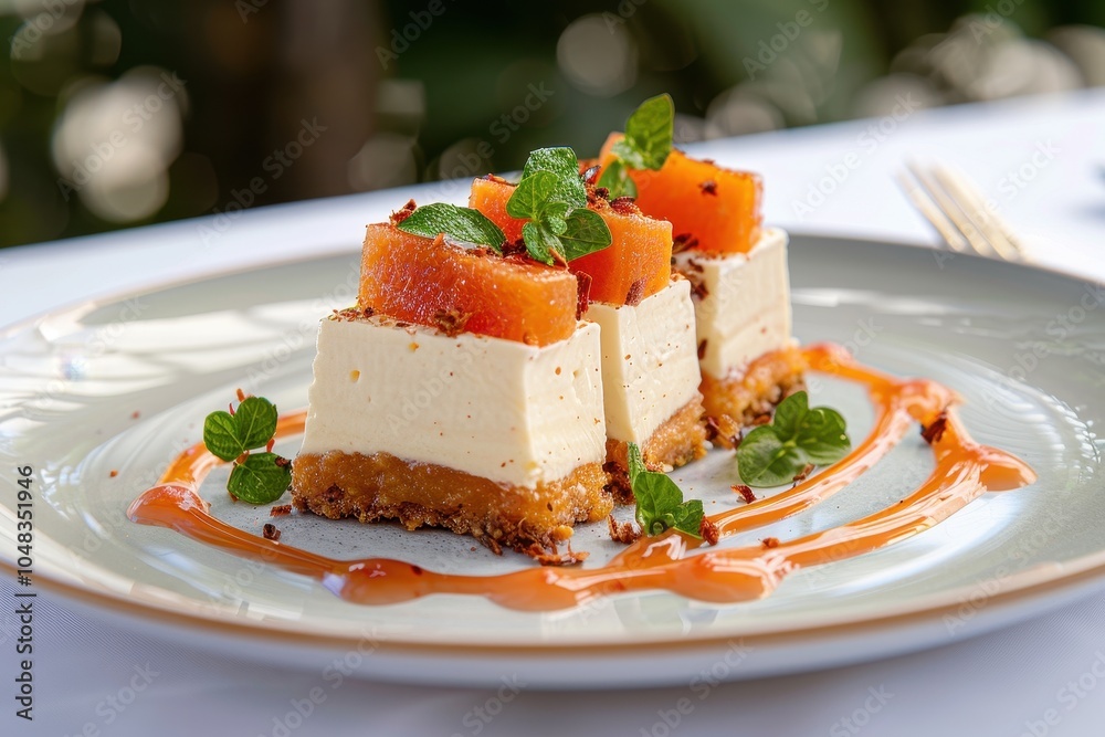A serving of romeu e julieta, a dessert featuring slices of guava paste paired with creamy cheese, artfully arranged on a plate A serving of romeu e julieta, a dessert featuring slices of guava paste paired with creamy cheese, artfully arranged on a plate