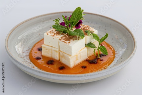 A serving of romeu e julieta, a dessert featuring slices of guava paste paired with creamy cheese, artfully arranged on a plate photo