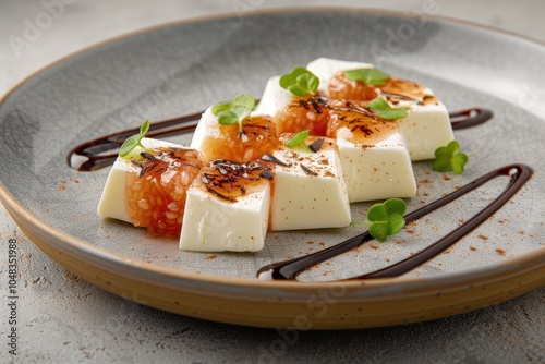 A serving of romeu e julieta, a dessert featuring slices of guava paste paired with creamy cheese, artfully arranged on a plate photo