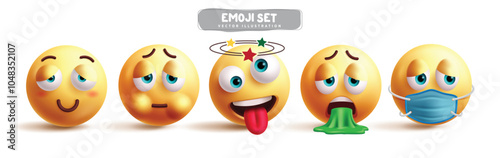 Emojis tired emoticon characters vector set. Emoji 3d character in sick, unwell, dizzy, anxiety, vomit and worried facial expression in white background. Vector illustration tired yellow emoticons 