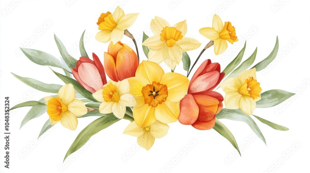 Naklejka premium A vibrant watercolor illustration of blooming daffodils and tulips, showcasing yellow and red petals amidst green leaves.