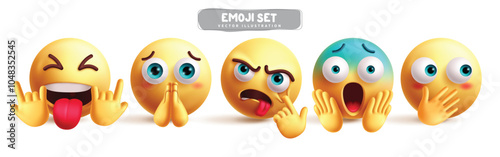 Emojis characters emoticon vector set. Emoji 3d character like cool, pleading, begging, teasing, shocked, afraid and shy graphic elements in white background. Vector illustration yellow emoticons 