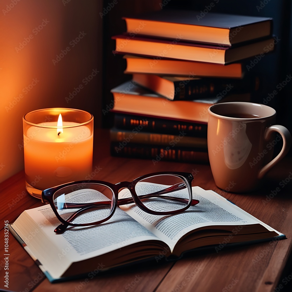 Naklejka premium Cozy reading night with candle, book, and warm tea