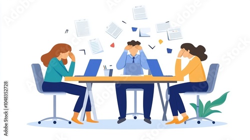 A stressed meeting scene with three colleagues at a table, surrounded by flying papers and laptops, depicting workplace anxiety and collaboration challenges.