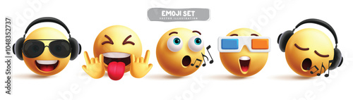 Emoji music emoticon characters vector set. Emoticons 3d character in listening, singing, watching, wearing headphone,  happy and cool facial expression for graphic elements. Vector illustration music