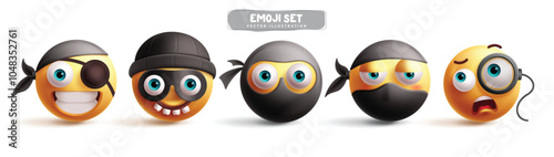 Emoji ninja characters vector set. Emojis emoticon like pirate, burglar, robber, villain and criminal wearing mask character yellow icon collection. Vector illustration emoticons ninja graphic design 