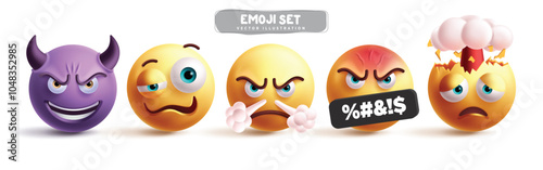 Emojis angry emoticon characters vector set. Emoji emoticon character in evil, drunk, mad, explode, tired and devil facial expression in white background. Vector illustration 3d yellow emoticons 