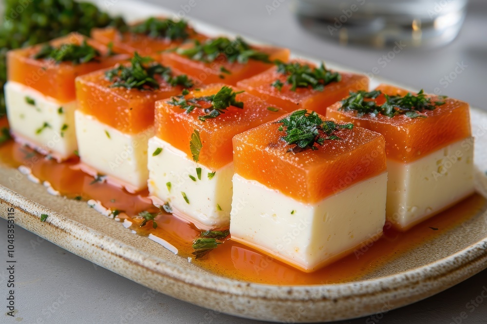 A serving of romeu e julieta, a dessert featuring slices of guava paste paired with creamy cheese, artfully arranged on a plate A serving of romeu e julieta, a dessert featuring slices of guava paste paired with creamy cheese, artfully arranged on a plate