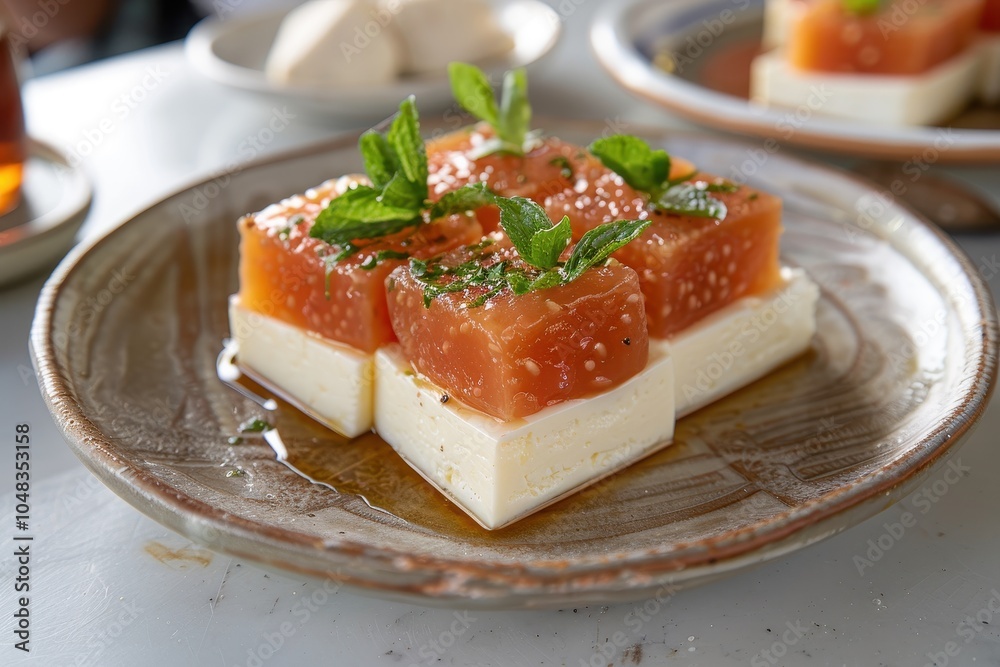 A serving of romeu e julieta, a dessert featuring slices of guava paste paired with creamy cheese, artfully arranged on a plate A serving of romeu e julieta, a dessert featuring slices of guava paste paired with creamy cheese, artfully arranged on a plate