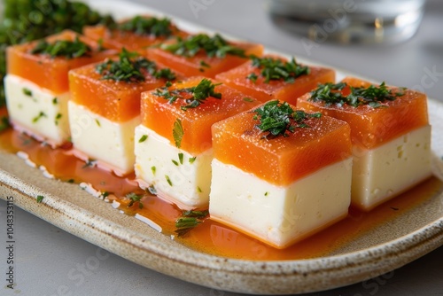 A serving of romeu e julieta, a dessert featuring slices of guava paste paired with creamy cheese, artfully arranged on a plate photo