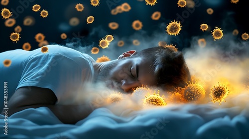 A person sleeping with a cloud of dust mite particles around them, showing how mites and allergens can be inhaled during sleep, affecting respiratory health.
