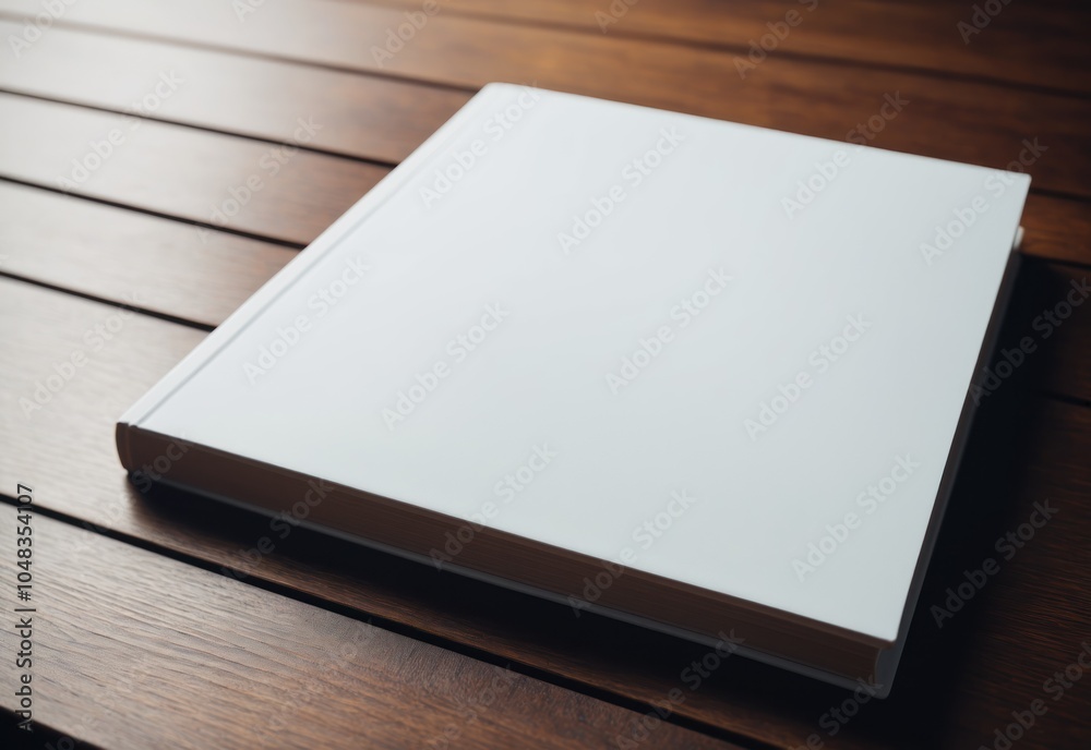 Fototapeta premium A minimalist photo mockup of a clean, white, empty textbook lying on a wooden table. The cover should be smooth and untouched. The pages inside the textbook should be perfectly white and clean