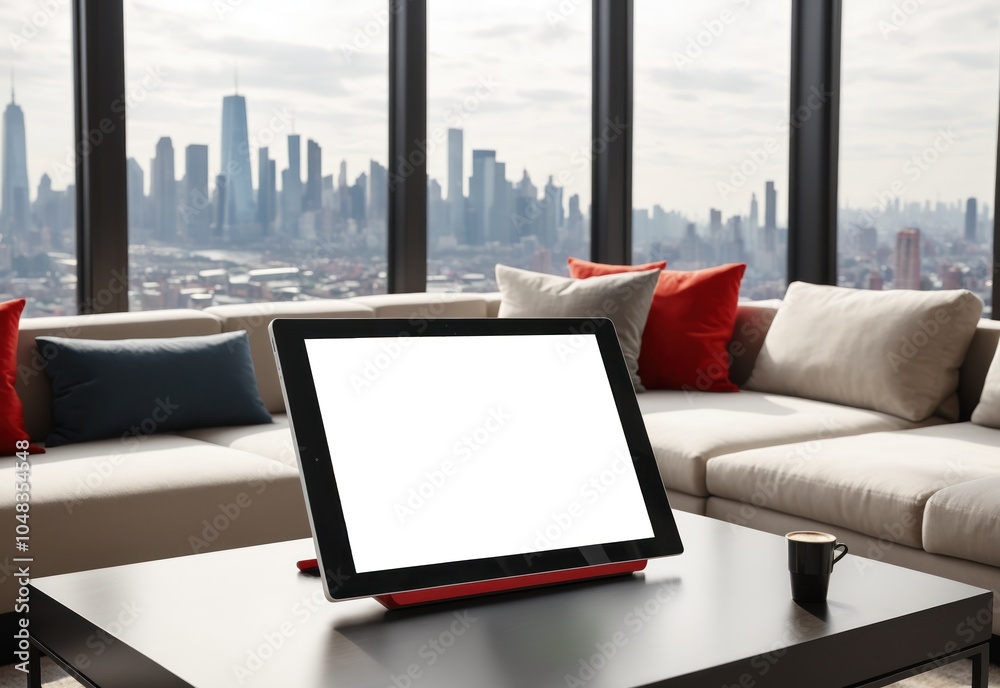 A clean white tablet mockup with a detailed online map of a busy city displayed on the screen. The tablet rests on a coffee table in a modern living room with large windows overlooking the cityscape A clean white tablet mockup with a detailed online map of a busy city displayed on the screen. The tablet rests on a coffee table in a modern living room with large windows overlooking the cityscape