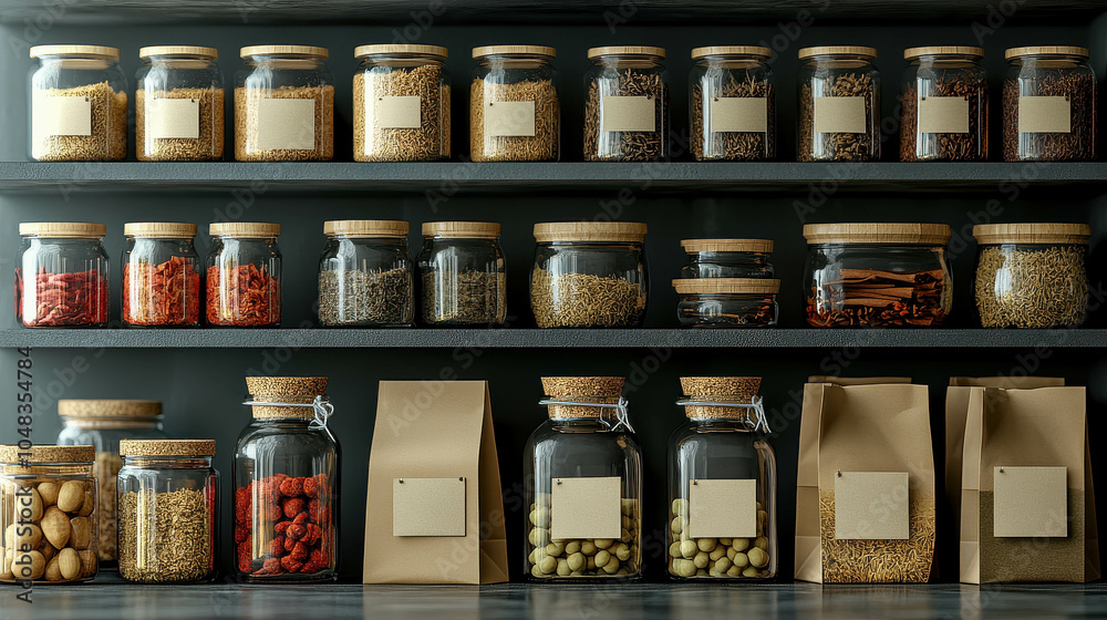 Stylish and organized pantry setup featuring labeled glass jars and paper bags filled with various dry goods and spices, creating a neat and modern kitchen display.
Stylish and organized pantry setup featuring labeled glass jars and paper bags filled with various dry goods and spices, creating a neat and modern kitchen display.