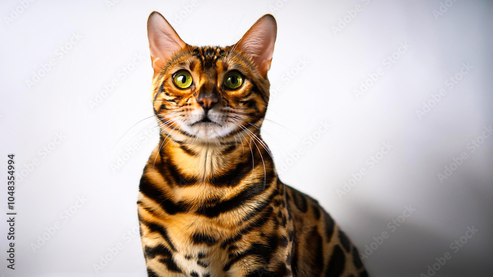 Obraz premium Portrait of a Bengal cat on a white background.