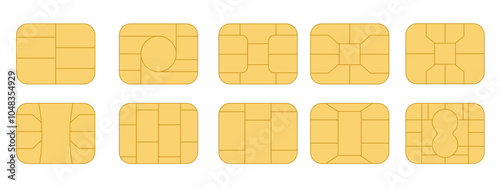 EMV chip icon set. Microchip for bank plastic credit or debit charge or sim card. Digital Nfc technology. Contactless payment at terminals and ATMs