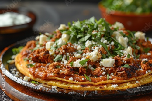 A serving of sopes, thick corn cakes topped with refried beans, lettuce, crema, queso fresco, and a choice of meat.