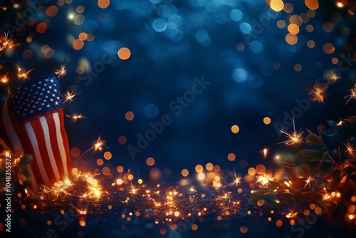 Celebratory display with American flag and sparkling lights during a festive ...