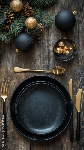 Elegant black dinnerware set arranged beautifully for a festive holiday gathe...