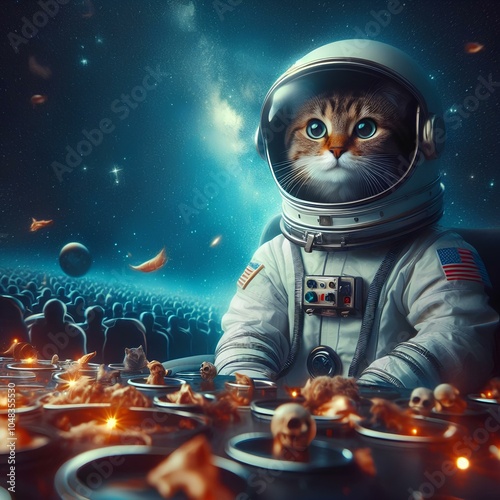 A cat wearing a space suit among stars and space photo