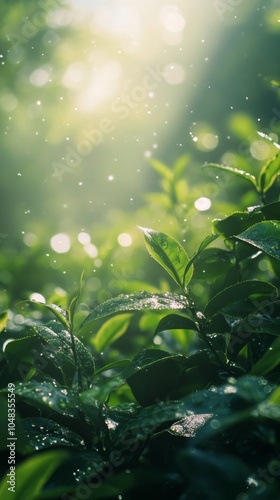 Fresh green leaves shining in the sunlight during a serene morning in nature