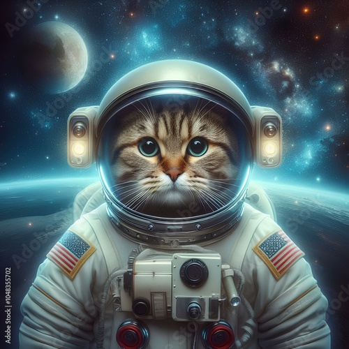 A cat wearing a space suit among stars and space photo