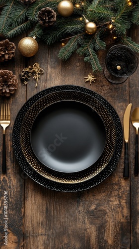 Elegant black dinnerware set arranged beautifully for a festive holiday gathe...
