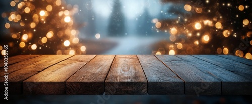 Cozy wooden table in a softly lit winter landscape with blurred holiday light...