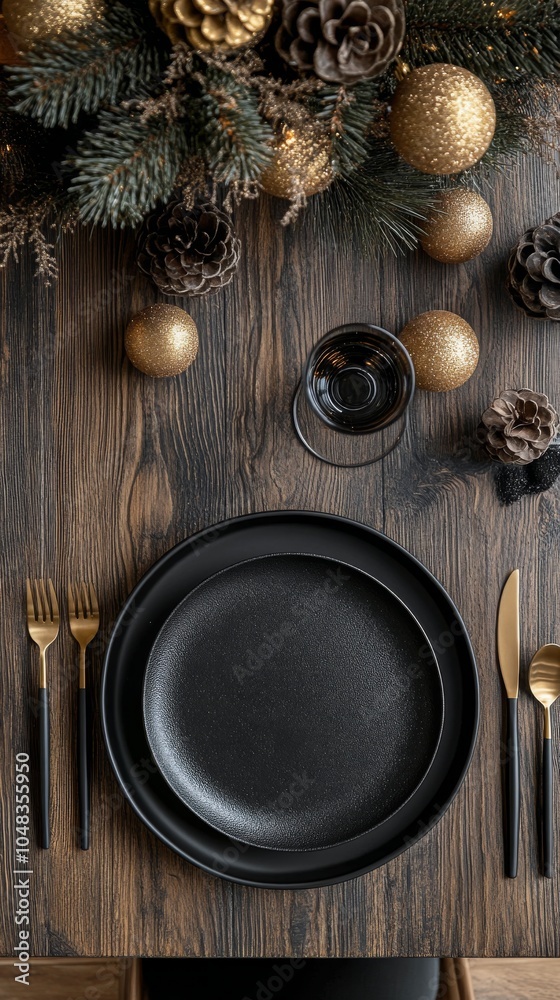Elegant black dinnerware set arranged beautifully for a festive holiday gathering Elegant black dinnerware set arranged beautifully for a festive holiday gathering