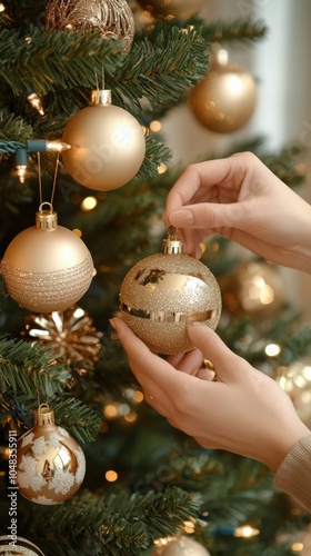 Decorating a festive Christmas tree with golden ornaments and twinkling light...