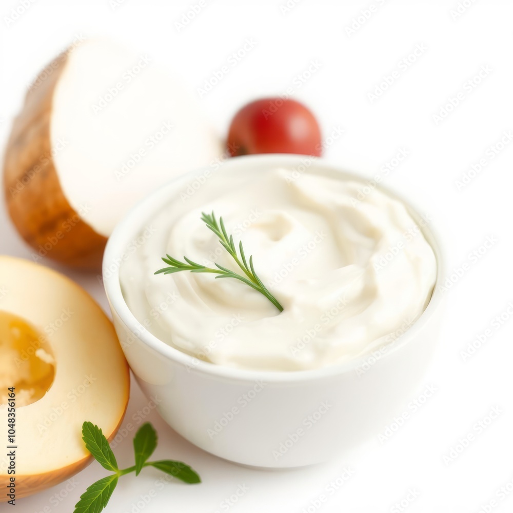 Sour Cream in bowl mayonnaise yogurt isolated on white background full depth of field Sour Cream in bowl mayonnaise yogurt isolated on white background full depth of field