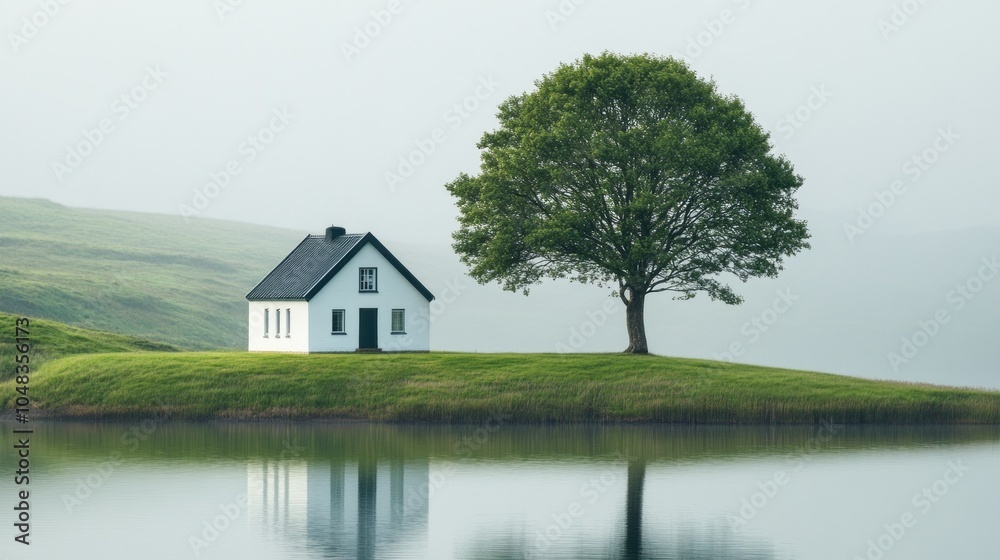 A small white house sits on a hill overlooking a lake. The house is surrounded by grass and trees, and the lake is calm and peaceful. Concept of tranquility and serenity A small white house sits on a hill overlooking a lake. The house is surrounded by grass and trees, and the lake is calm and peaceful. Concept of tranquility and serenity