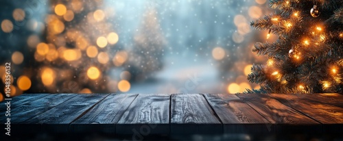 Cozy wooden table in a softly lit winter landscape with blurred holiday light...