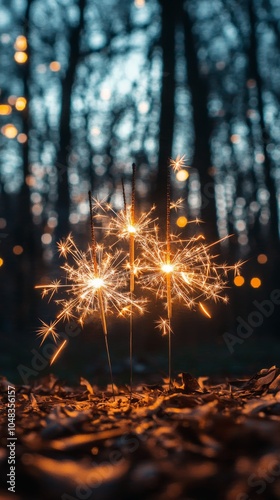 Sparkler glowing brightly during nighttime celebration with colorful bokeh li...