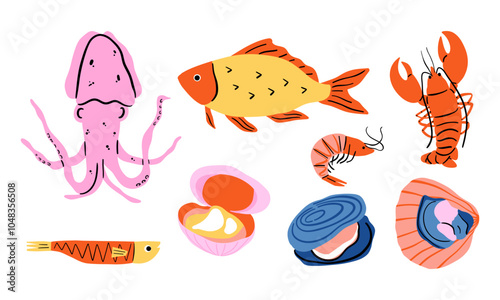 Hand Drawn Marine Life Set. A vibrant collection of hand-drawn marine life illustrations. Ideal for ocean-themed projects, seafood designs, and educational materials