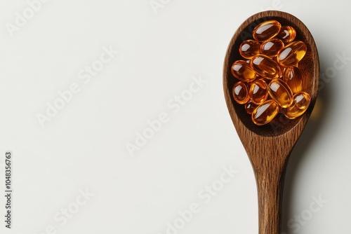 Wooden spoon filled with golden fish oil capsules on a neutral background in ...