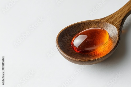 Wooden spoon filled with golden fish oil capsules on a neutral background in ...