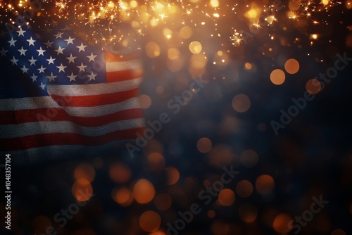Celebratory display with American flag and sparkling lights during a festive ...