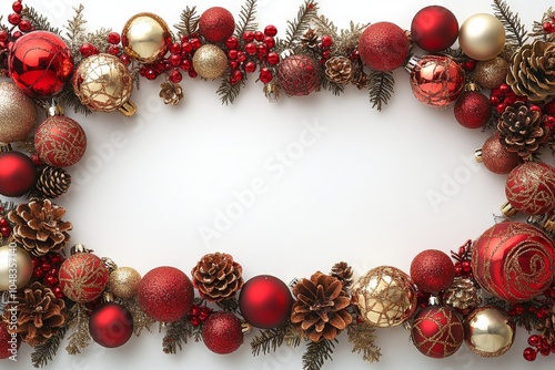 Festive arrangement of red and gold ornaments with pine cones and foliage for...