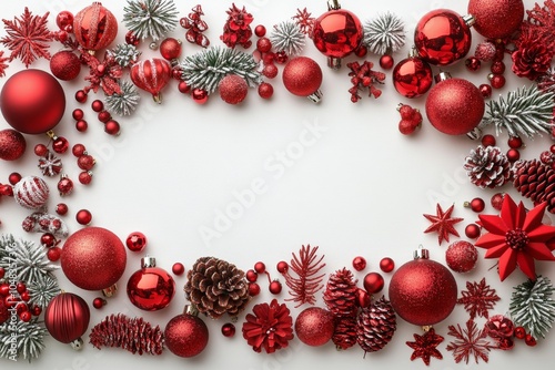 Festive arrangement of red and gold ornaments with pine cones and foliage for...