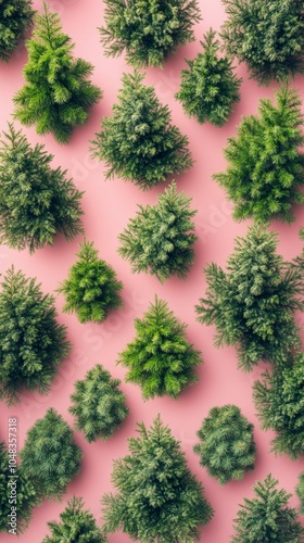 Miniature evergreen trees arranged on a soft pink surface with uniform spacin...